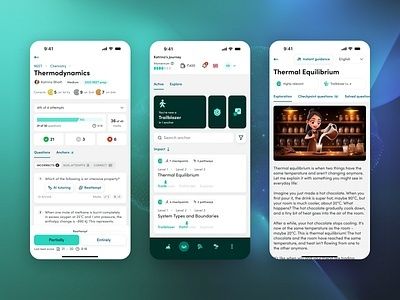 Three smartphone screens showing coordinated educational app interfaces