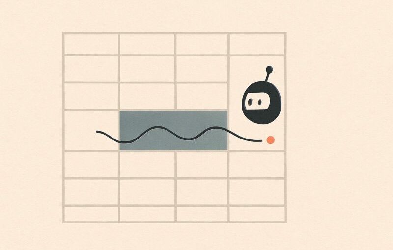 Minimalist spreadsheet grid with a robot and declining line