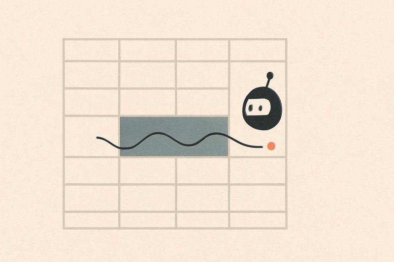Minimalist spreadsheet grid with a robot and declining line