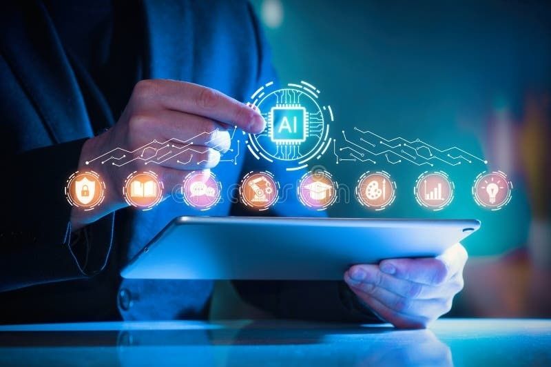 Person using a tablet beneath an AI chip and connected digital icons